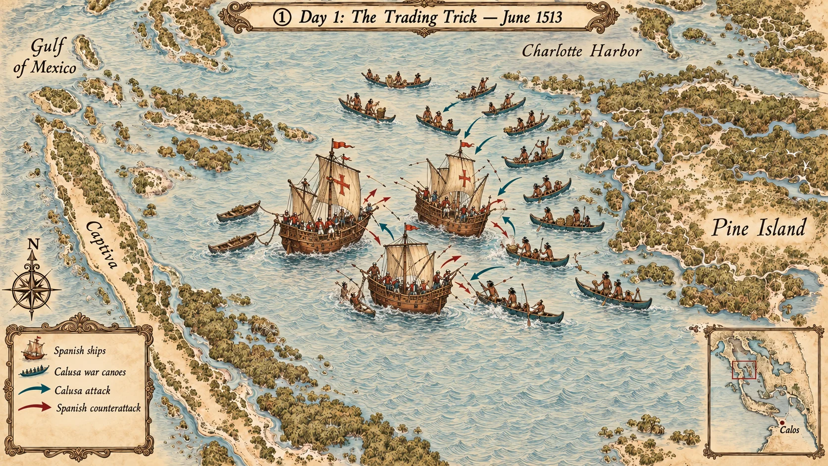 Illustrative map of Day 1 of the 1513 canoe battle: about 20 Calusa canoes approach Ponce de León's anchored ships as if to trade, then attack