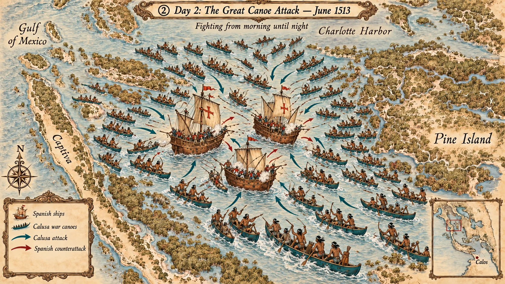 Illustrative map of Day 2 of the 1513 canoe battle: a large Calusa war fleet surrounds Ponce de León's three ships in Pine Island Sound