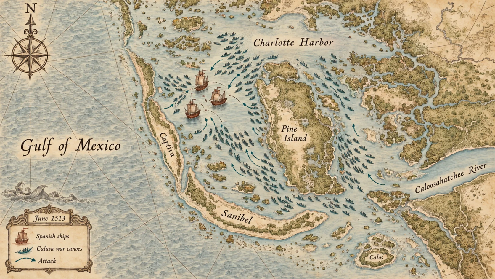 Illustrative antique-style map of Charlotte Harbor and Pine Island Sound, Florida, showing three Spanish ships surrounded by Calusa war canoes in June 1513