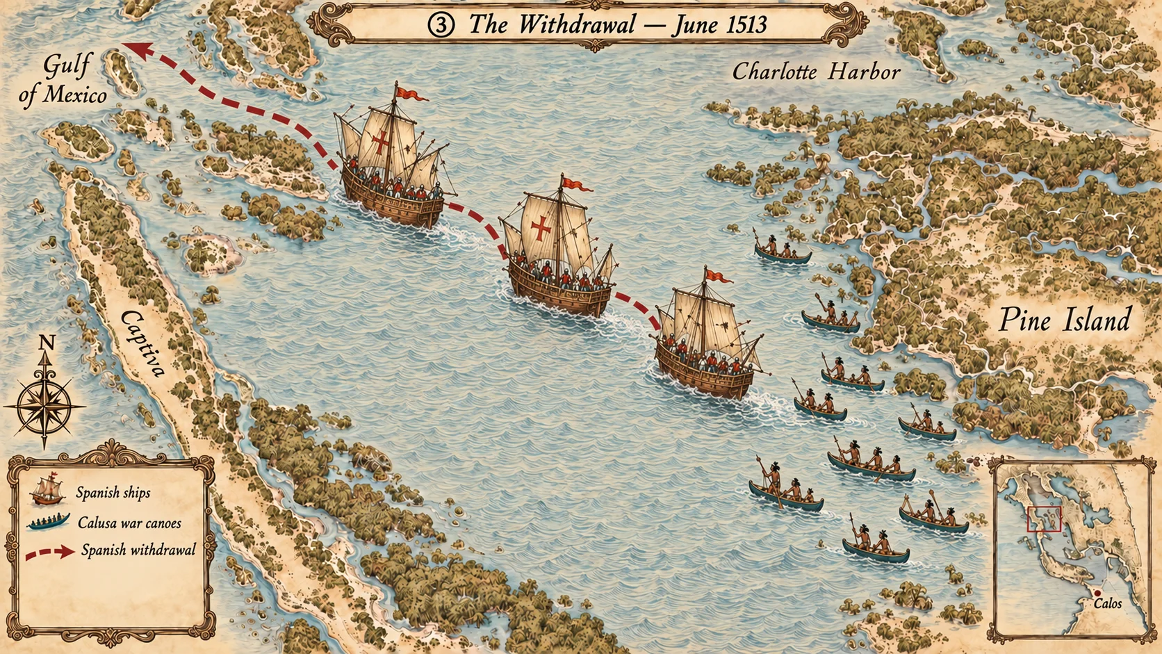 Illustrative map of Ponce de León's three ships withdrawing from Pine Island Sound to the Gulf of Mexico as Calusa canoes watch, June 1513