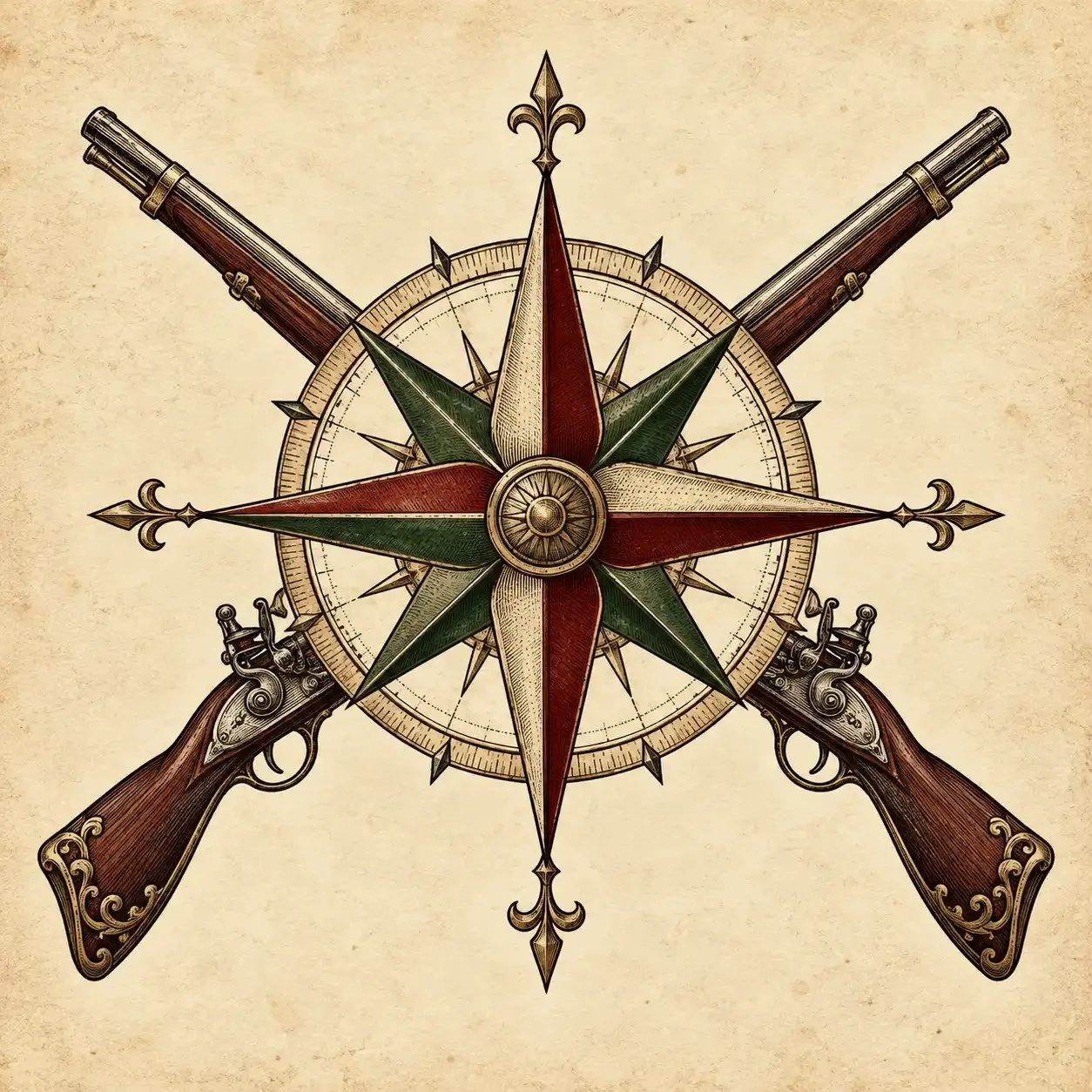 Voidexe emblem: an antique compass rose with two crossed flintlock muskets.